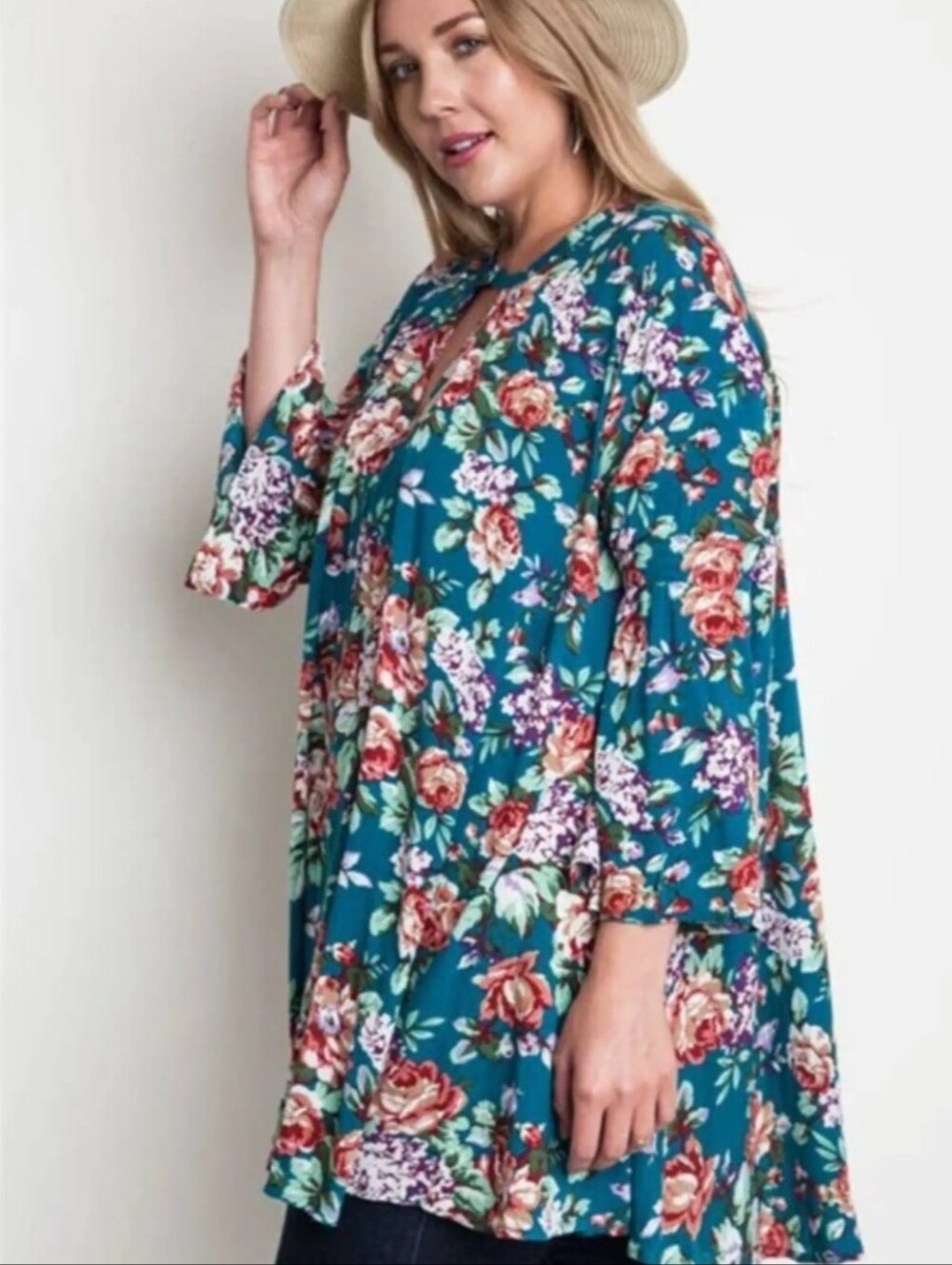 Umgee Teal Green Blue Floral Keyhole Swing Tunic Size Small